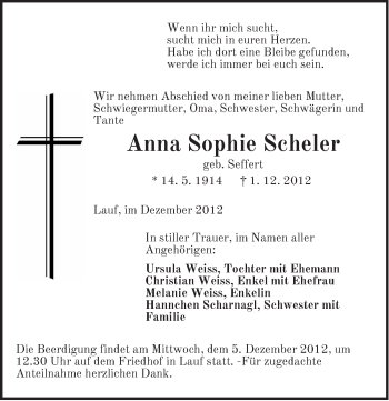 Traueranzeige von  Anna Sophie Scheler von Pegnitz-Zeitung